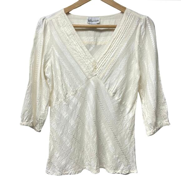 Vintage Millenium Y2K V-Neck Top Babydoll 3/4 Sleeve Cream Blouse Size Medium - Picture 1 of 4